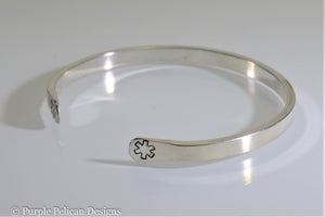 Diabetic Medical Alert Reverse Cuff Bracelet in Solid Sterling Silver or Gold - Purple Pelican Designs