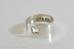 Dream Big Sterling Silver Cuff Ring With Butterfly or Heart Cutout - Purple Pelican Designs