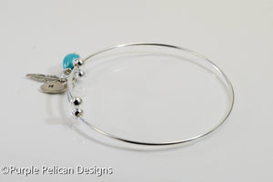 Personalized Sterling Silver Expandable Bangle With Feather And Turquoise - Purple Pelican Designs