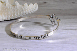 Sterling Silver Cousin Hinged Bangle - Miles cannot separate the hearts of cousins - Purple Pelican Designs