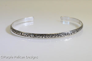 Sterling Silver Cuff Bracelet with antiqued floral pattern - Purple Pelican Designs