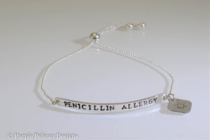 Penicillin Allergy Medical Alert Adjustable Sterling Silver Bracelet - Purple Pelican Designs