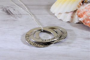 Roman Numeral Birth Dates Russian Ring Necklace Personalized in Sterling Silver - Purple Pelican Designs
