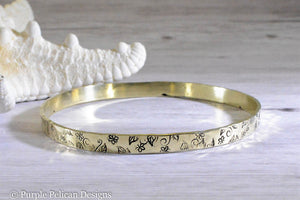 Solid Gold Bangle With Hand Stamped Floral Design - Purple Pelican Designs