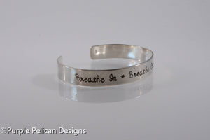 Breathe in, Breathe out, Move on Hand Stamped Cuff Bracelet - Purple Pelican Designs