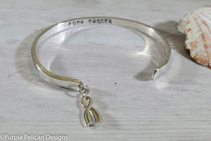 F--K Cancer Solid Gold or Sterling Silver Reverse Cuff Cancer Touched My Booby So I Kicked Cancer's Booty - Purple Pelican Designs