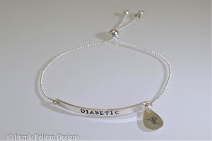 Diabetic Medical Alert Adjustable Sterling Silver Bracelet - Purple Pelican Designs