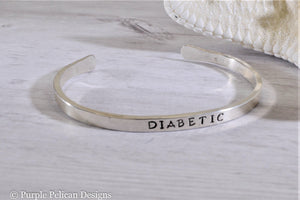 Diabetic Medical Alert Reverse Cuff Bracelet in Solid Sterling Silver or Gold - Purple Pelican Designs