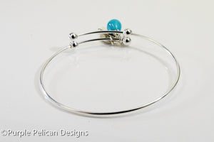 Personalized Sterling Silver Expandable Bangle With Feather And Turquoise - Purple Pelican Designs