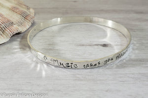 Music Lovers Bangle Bracelet Music Takes You Places Where Your Feet Can Never Go - Purple Pelican Designs