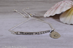 Peanut Allergy Medical Alert Adjustable Sterling Silver Bracelet - Purple Pelican Designs