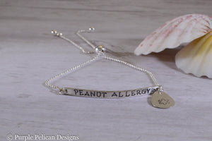 Peanut Allergy Medical Alert Adjustable Sterling Silver Bracelet - Purple Pelican Designs
