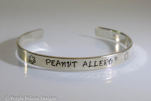 Peanut Allergy Medical Alert Cuff Bracelet Personalized - Purple Pelican Designs