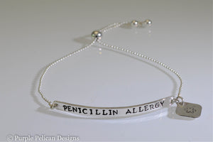 Penicillin Allergy Medical Alert Adjustable Sterling Silver Bracelet - Purple Pelican Designs