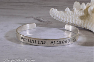 Penicillin Allergy Medical Alert Cuff Bracelet Personalized - Purple Pelican Designs